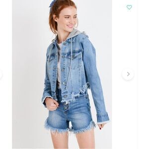 Denim Hooded Raw Cut Frayed Thrashed Destroyed Cropped Jacket Washed Blue Jeans
